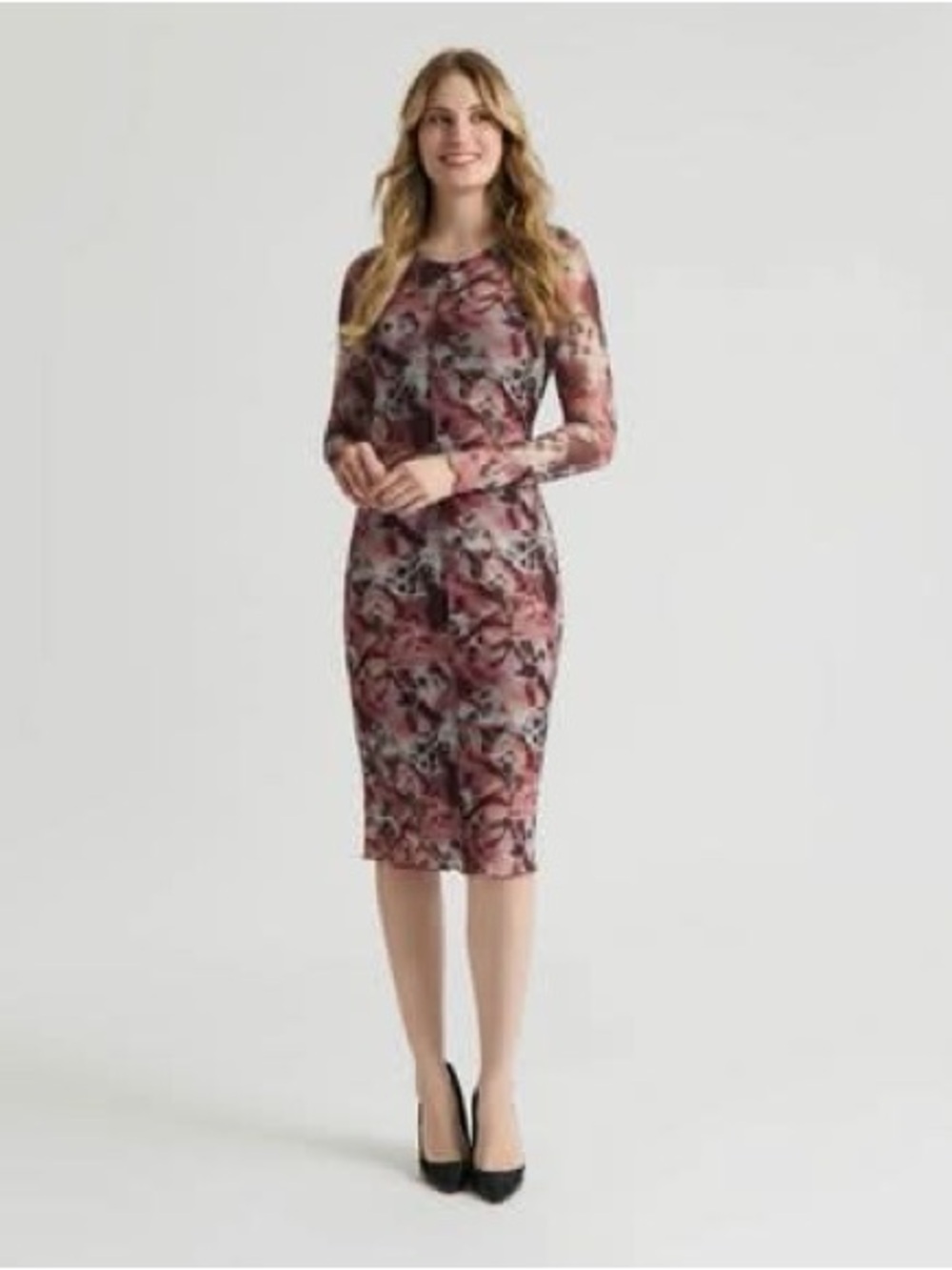 MEXX Midi Printed Mesh Bodycon Dress, Women, Burgundy, Lrg
